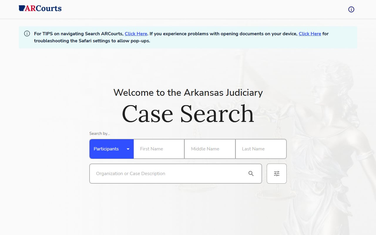 Arkansas CourtConnect main case search portal for probate court records
